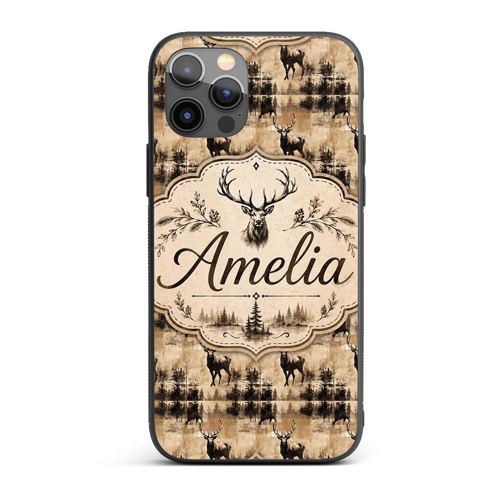Vintage Deer with Forest Overlay Neutral Tone Custom Name Protective Phone Case Mobile Cover Durable Everyday Smartphone Shock Resistant