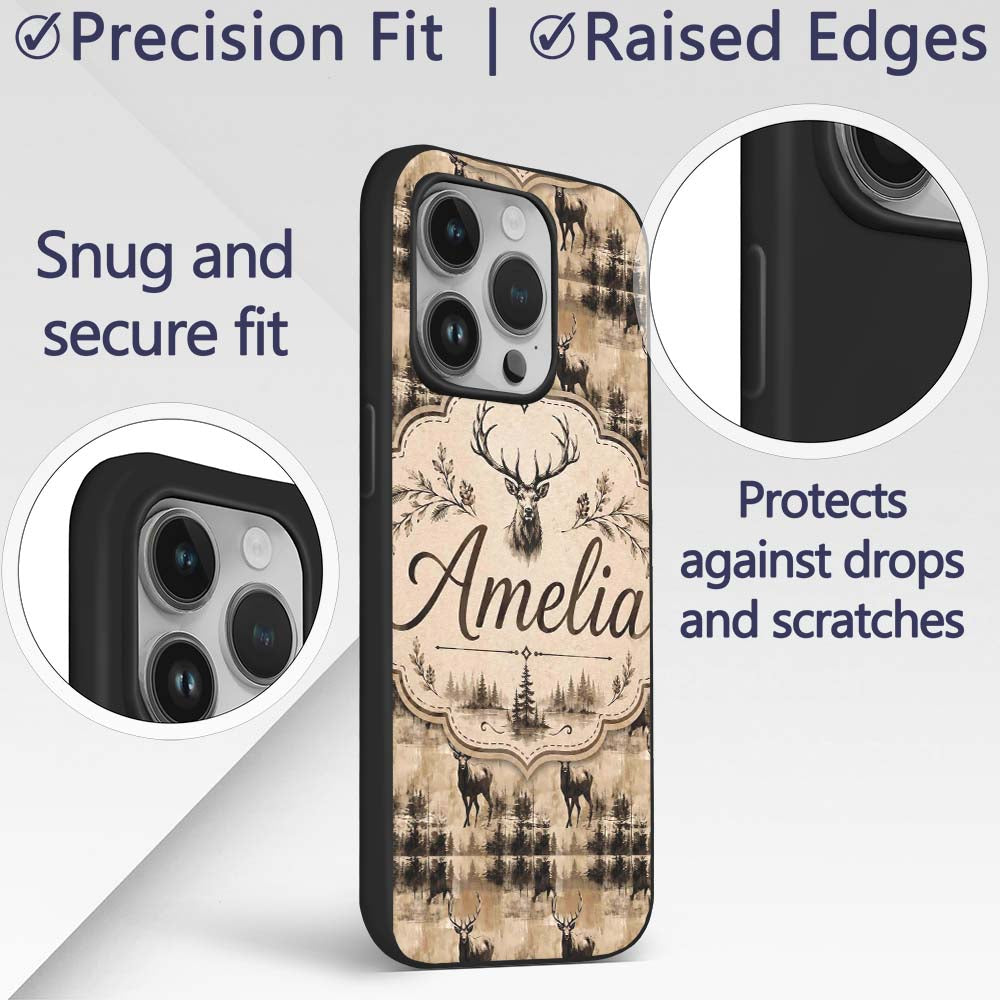 Vintage Deer with Forest Overlay Neutral Tone Custom Name Protective Phone Case Mobile Cover Durable Everyday Smartphone Shock Resistant