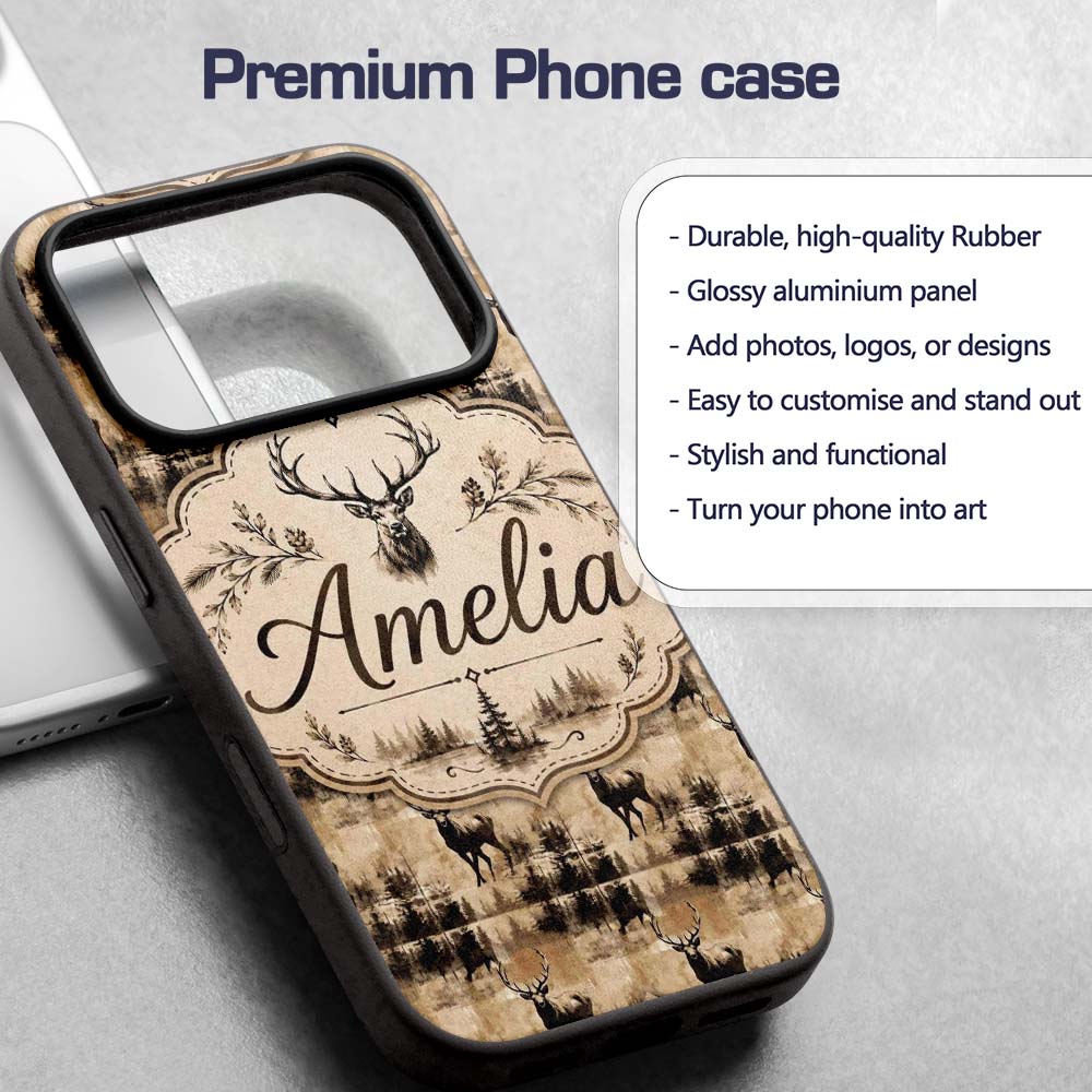Vintage Deer with Forest Overlay Neutral Tone Custom Name Protective Phone Case Mobile Cover Durable Everyday Smartphone Shock Resistant