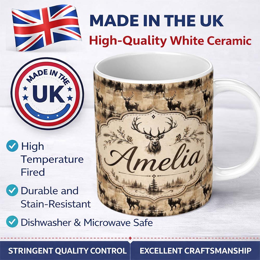 Personalized Custom Name Vintage Deer with Forest Overlay Neutral Tone Seamless Pattern Name 11oz Ceramic Coffee Tea Mug White Large Handle