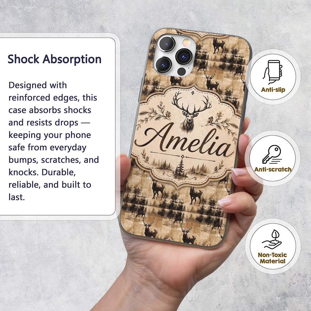 Vintage Deer with Forest Overlay Neutral Tone Custom Name Protective Phone Case Mobile Cover Durable Everyday Smartphone Shock Resistant