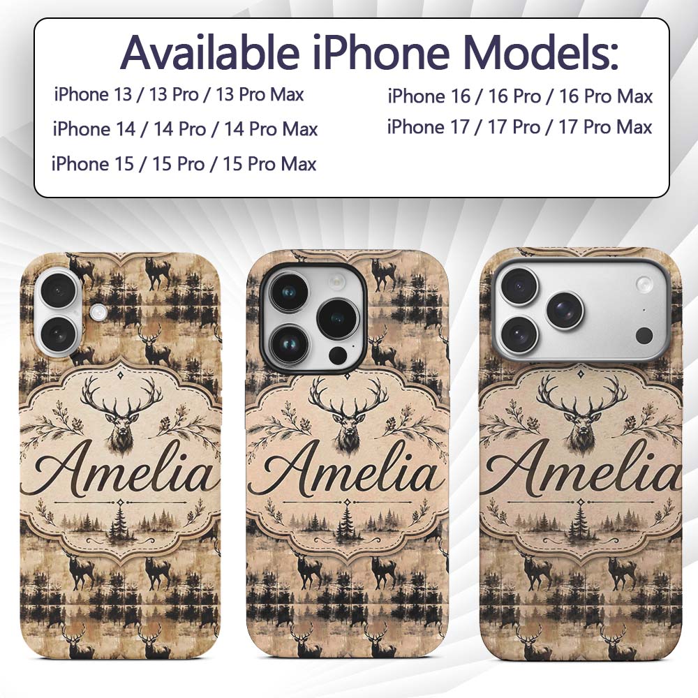 Vintage Deer with Forest Overlay Neutral Tone Custom Name Protective Phone Case Mobile Cover Durable Everyday Smartphone Shock Resistant