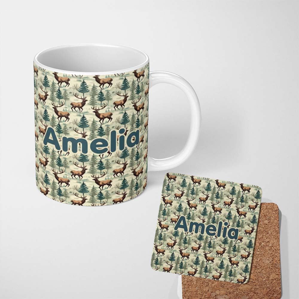 Personalized Custom Name Woodland Deer with Pine Trees Nature Scene Seamless Pattern Name 11oz Ceramic Coffee Tea Mug White Large Handle