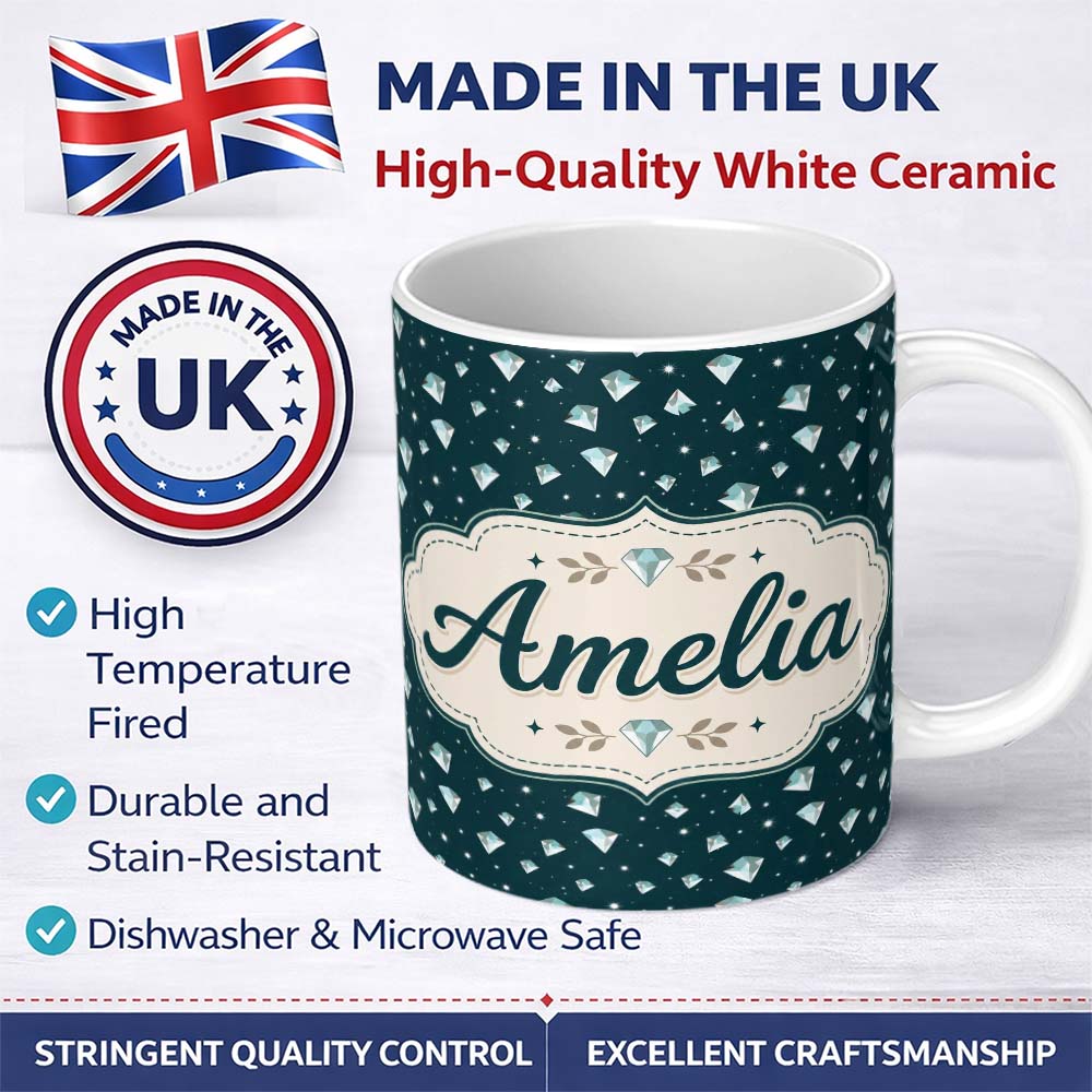 Personalized Custom Name Crystal Diamond Starry Seamless Pattern on Dark Teal Lovely 11oz Ceramic Coffee Tea Mug White Large Handle