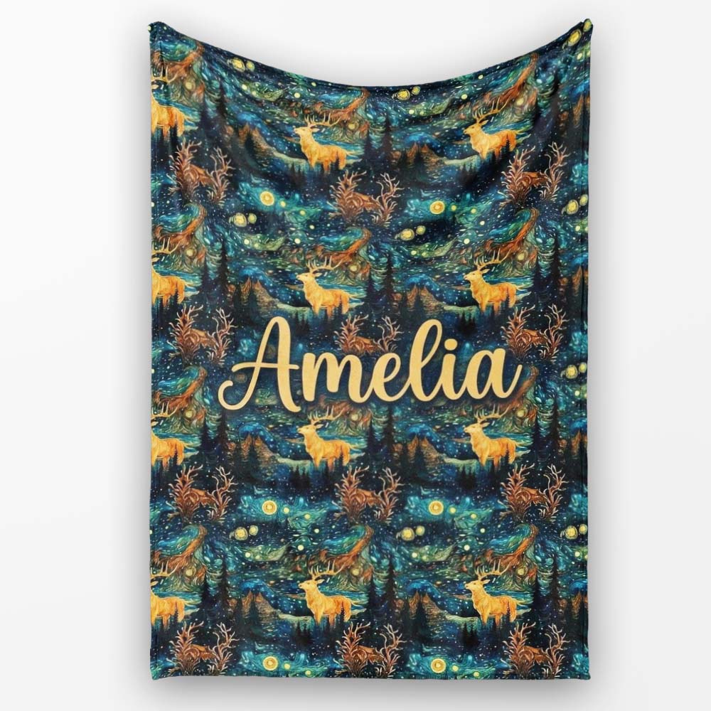 Artistic Deer Night Sky with Stars and Forest Seamless Pattern Name Personalised Custom Name Super Soft Fleece Blanket Bed Sofa Throw