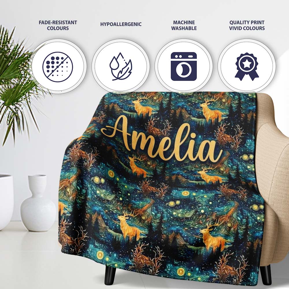 Artistic Deer Night Sky with Stars and Forest Seamless Pattern Name Personalised Custom Name Super Soft Fleece Blanket Bed Sofa Throw
