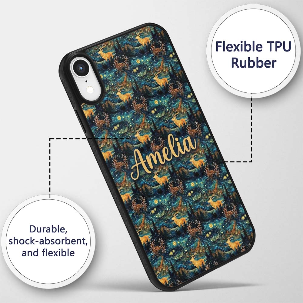 Artistic Deer Night Sky with Stars and Forest Custom Name Protective Phone Case Mobile Cover Durable Everyday Smartphone Shock Resistant