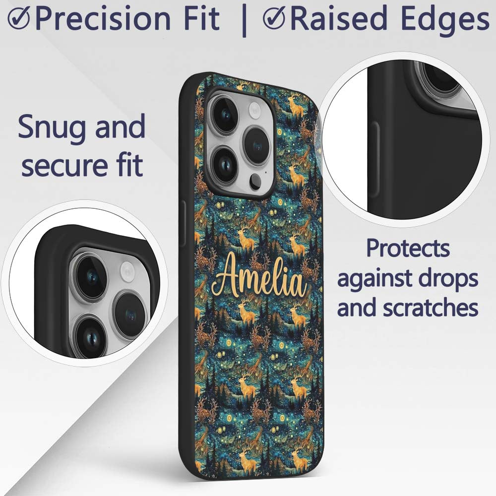 Artistic Deer Night Sky with Stars and Forest Custom Name Protective Phone Case Mobile Cover Durable Everyday Smartphone Shock Resistant