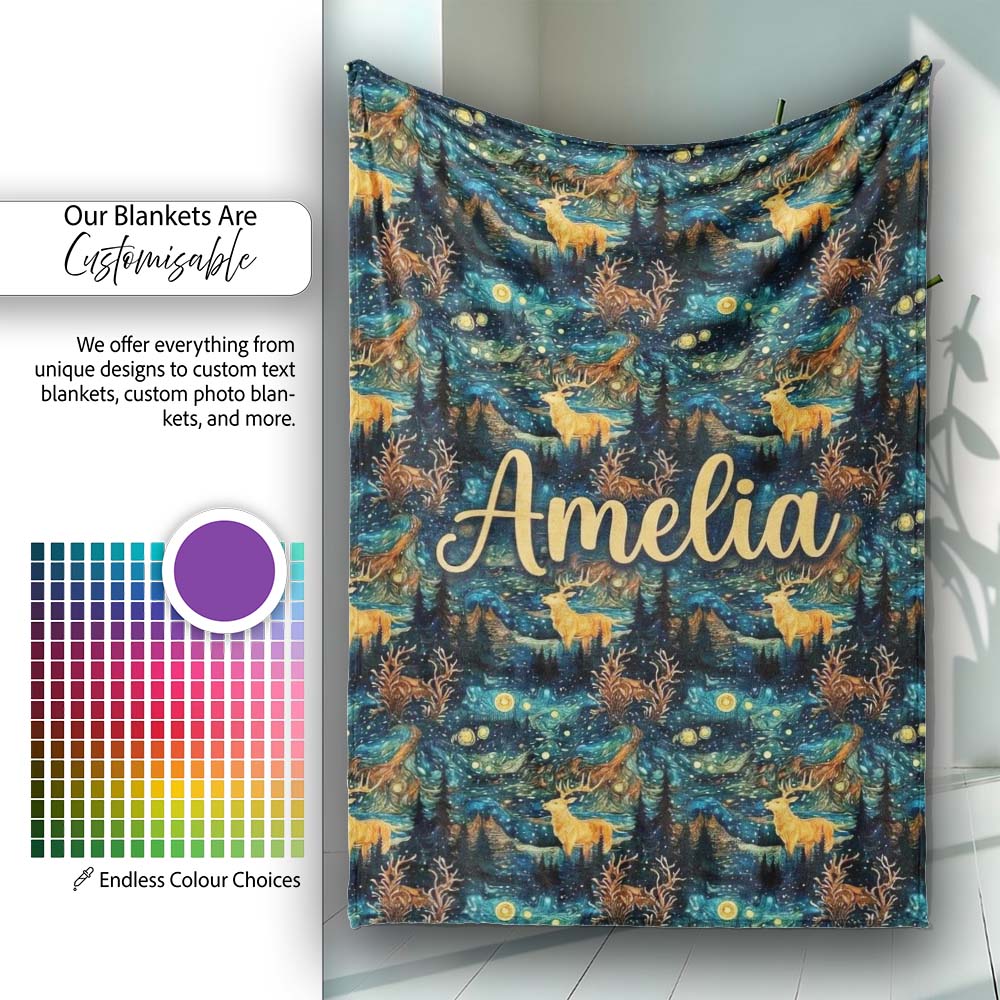 Artistic Deer Night Sky with Stars and Forest Seamless Pattern Name Personalised Custom Name Super Soft Fleece Blanket Bed Sofa Throw