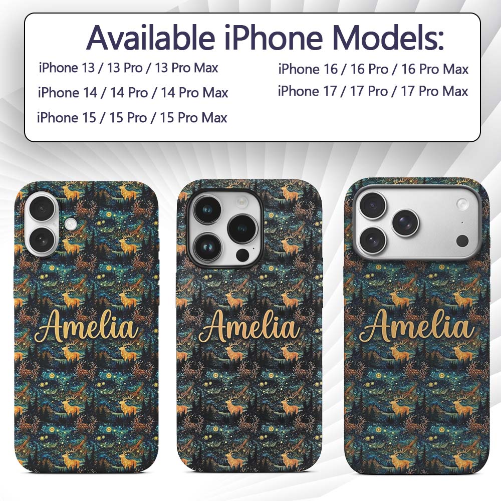 Artistic Deer Night Sky with Stars and Forest Custom Name Protective Phone Case Mobile Cover Durable Everyday Smartphone Shock Resistant