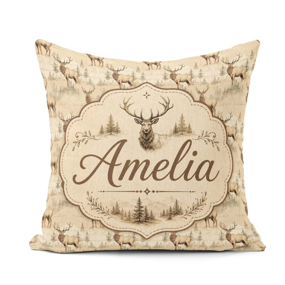 Custom Name Classic Deer in Sepia Forest Landscape Seamless Name Square Filled Cushion Throw Pillow Sofa Bed Home Decor Zip Washable UK Made