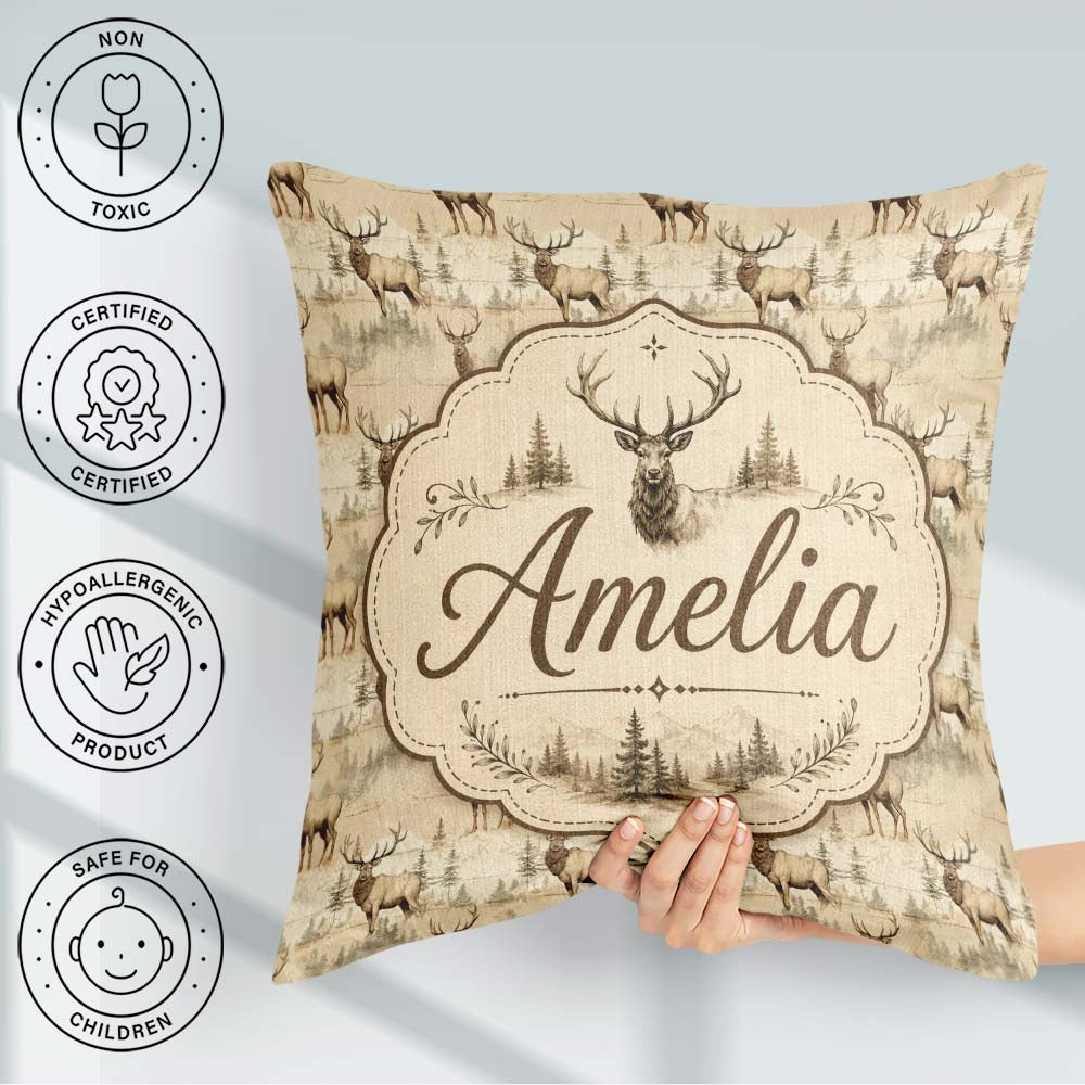 Custom Name Classic Deer in Sepia Forest Landscape Seamless Name Square Filled Cushion Throw Pillow Sofa Bed Home Decor Zip Washable UK Made