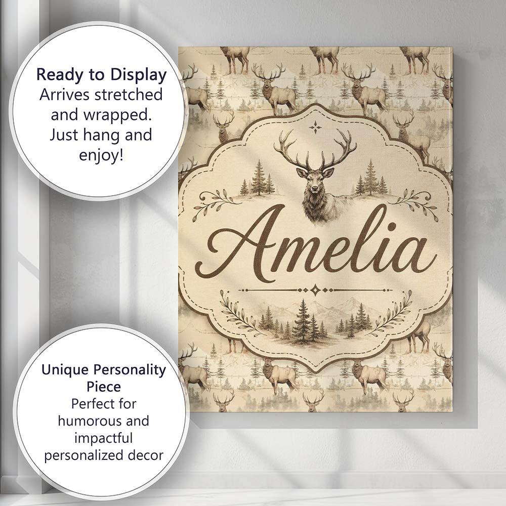 Personalised Name Classic Deer in Sepia Custom Modern Room Accent Elegant Feature Canvas Wall Art Print Decor Picture Ready to Hang