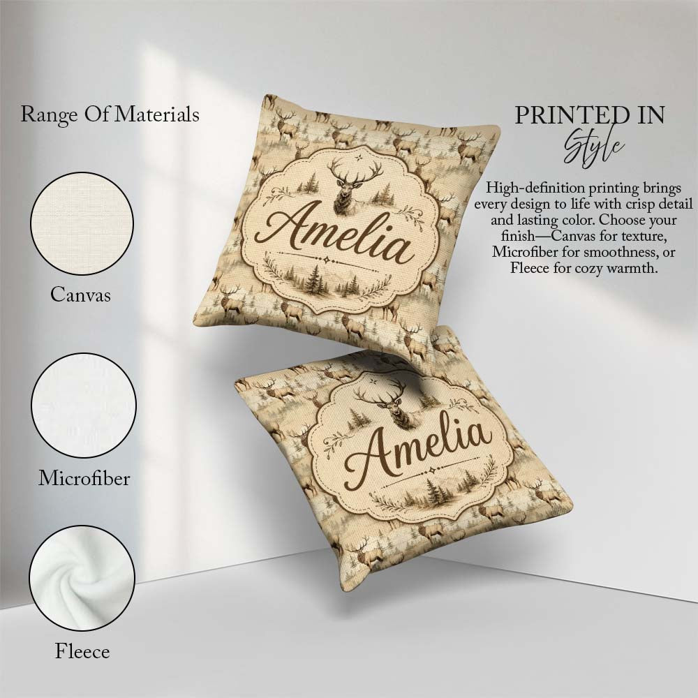 Custom Name Classic Deer in Sepia Forest Landscape Seamless Name Square Filled Cushion Throw Pillow Sofa Bed Home Decor Zip Washable UK Made