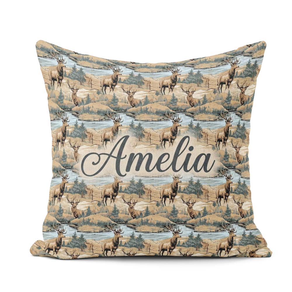 Custom Name Realistic Deer by River Woodland Scene Seamless Name Square Filled Cushion Throw Pillow Sofa Bed Home Decor Zip Washable UK Made