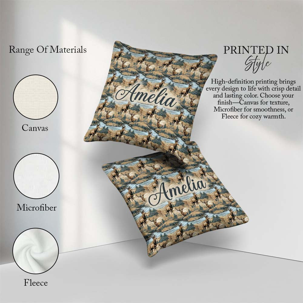 Custom Name Realistic Deer by River Woodland Scene Seamless Name Square Filled Cushion Throw Pillow Sofa Bed Home Decor Zip Washable UK Made