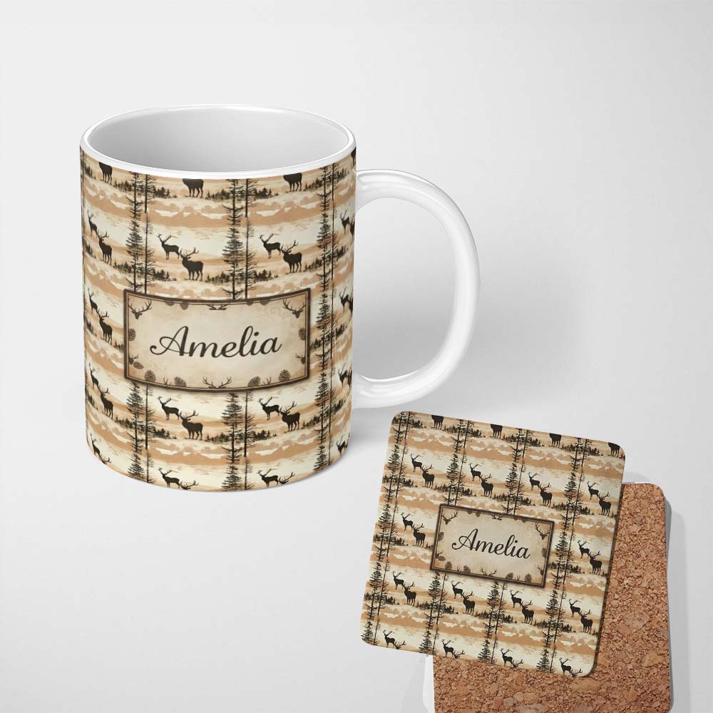 Personalized Custom Name Silhouette Deer with Trees and Sunset Landscape Seamless Pattern 11oz Ceramic Coffee Tea Mug White Large Handle