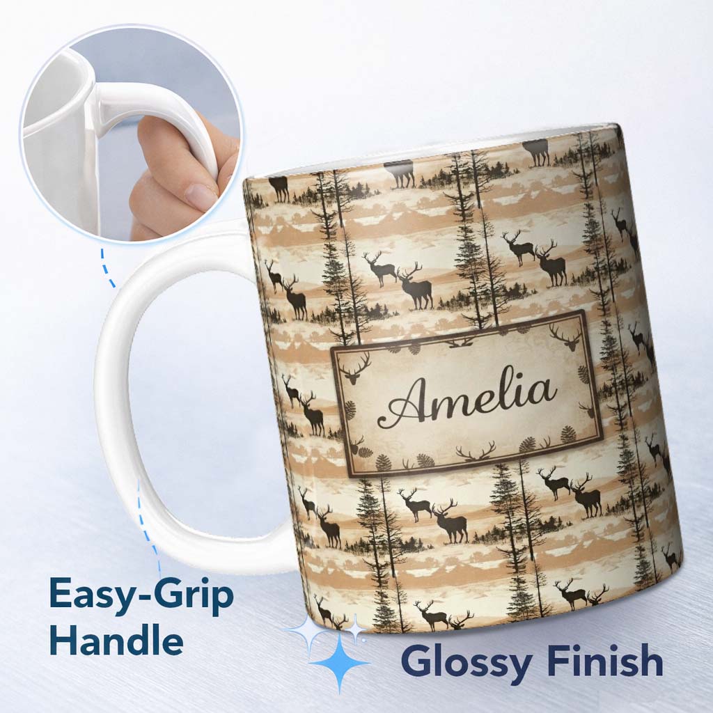 Personalized Custom Name Silhouette Deer with Trees and Sunset Landscape Seamless Pattern 11oz Ceramic Coffee Tea Mug White Large Handle