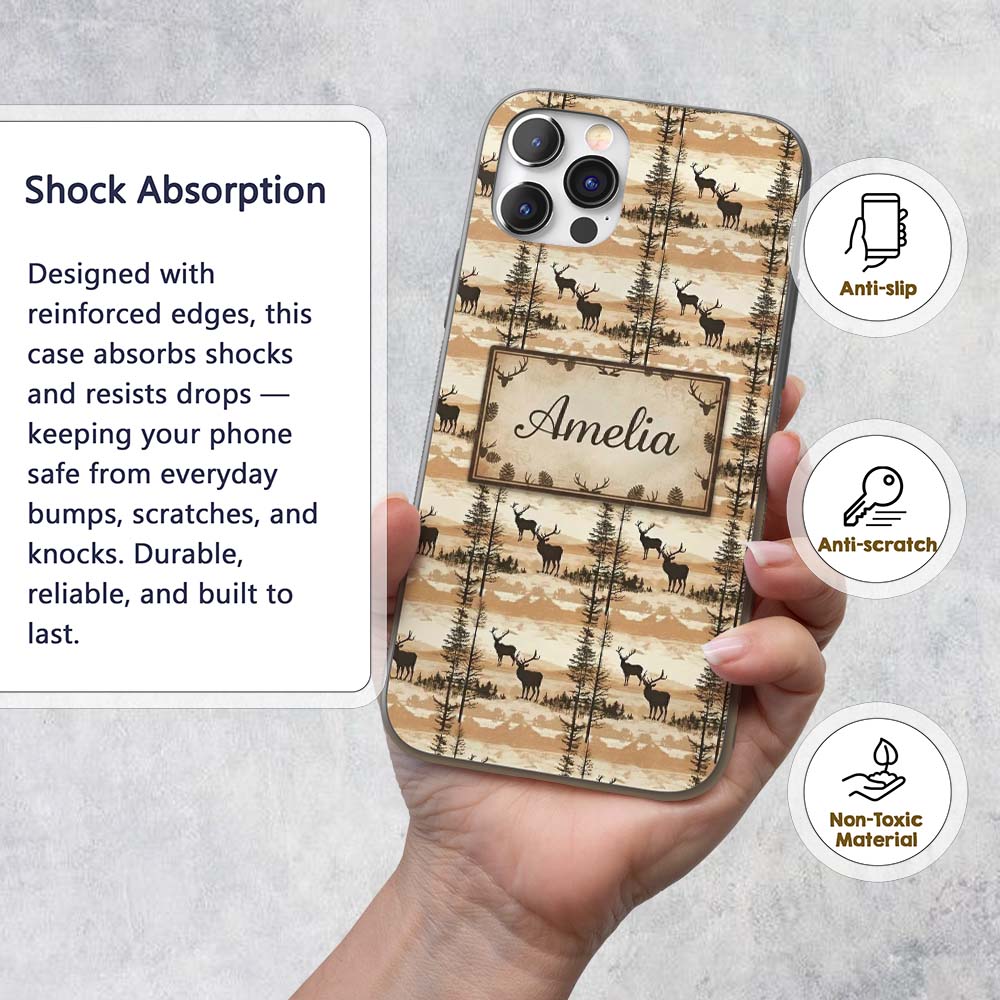 Silhouette Deer with Trees and Sunset Landscape Custom Name Protective Phone Case Mobile Cover Durable Everyday Smartphone Shock Resistant