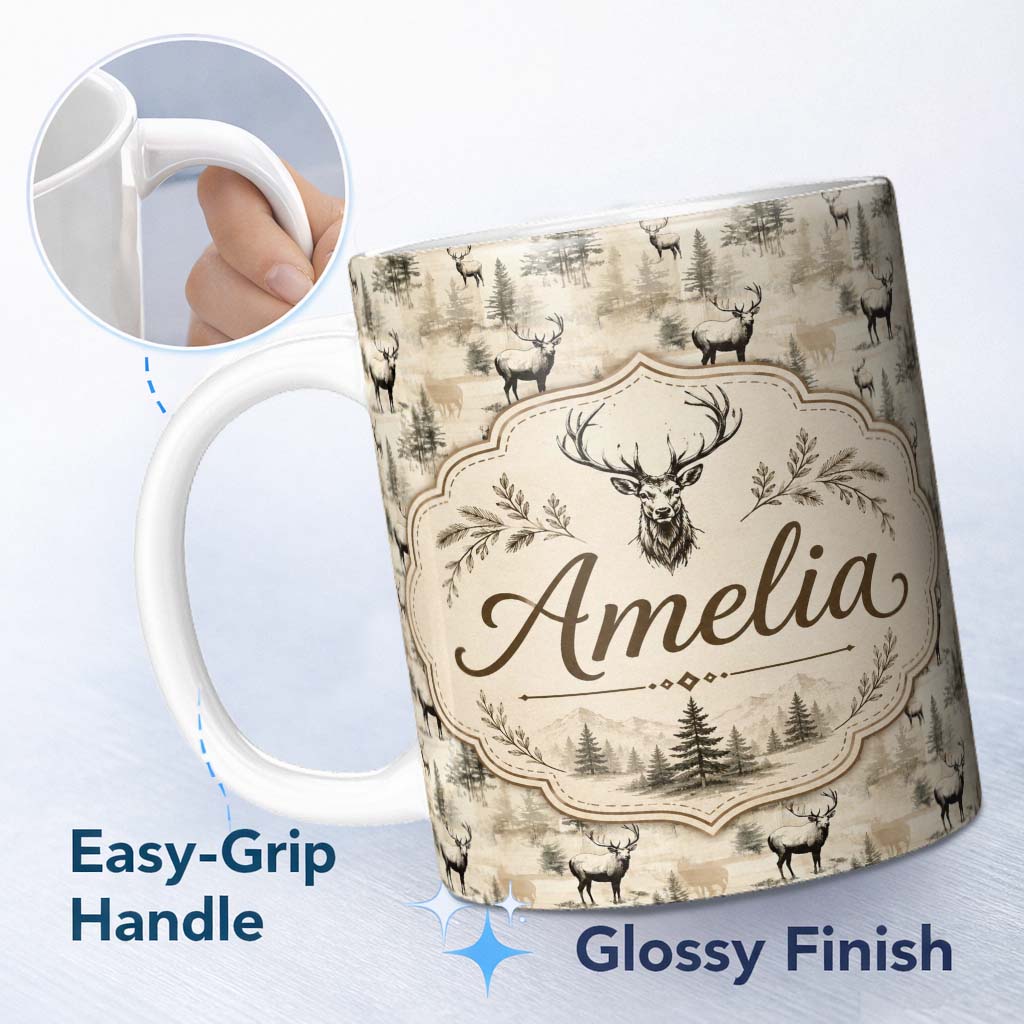 Personalized Custom Name Vintage Deer with Forest Trees Neutral Beige Background Seamless 11oz Ceramic Coffee Tea Mug White Large Handle