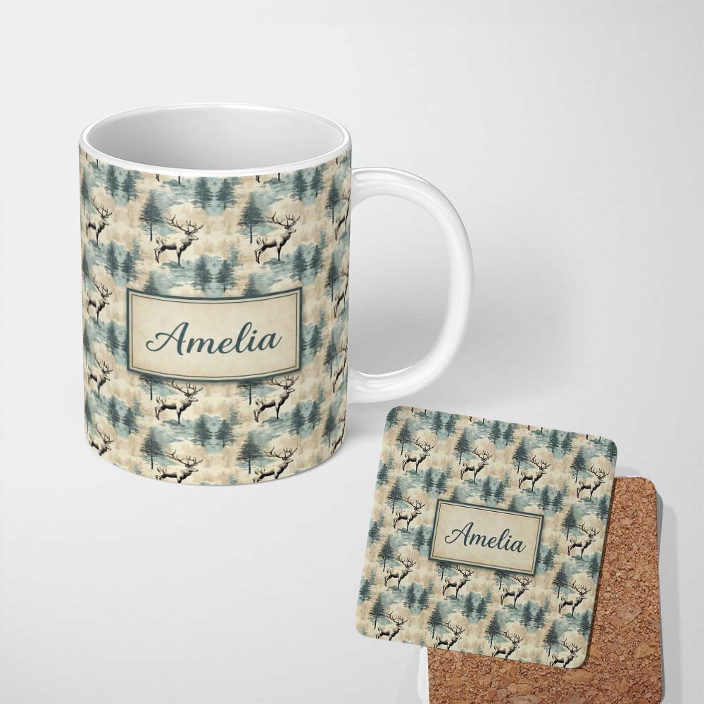 Personalized Custom Name Elegant Deer in Misty Pine Forest Soft Blue Tones Seamless Pattern 11oz Ceramic Coffee Tea Mug White Large Handle