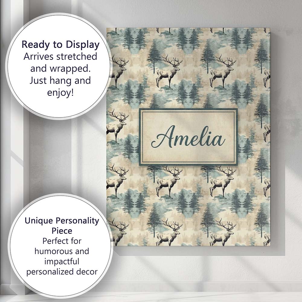 Personalised Name Elegant Deer in Misty Custom Unique Gift Idea Modern Room Accent Canvas Wall Art Print Decor Picture Ready to Hang