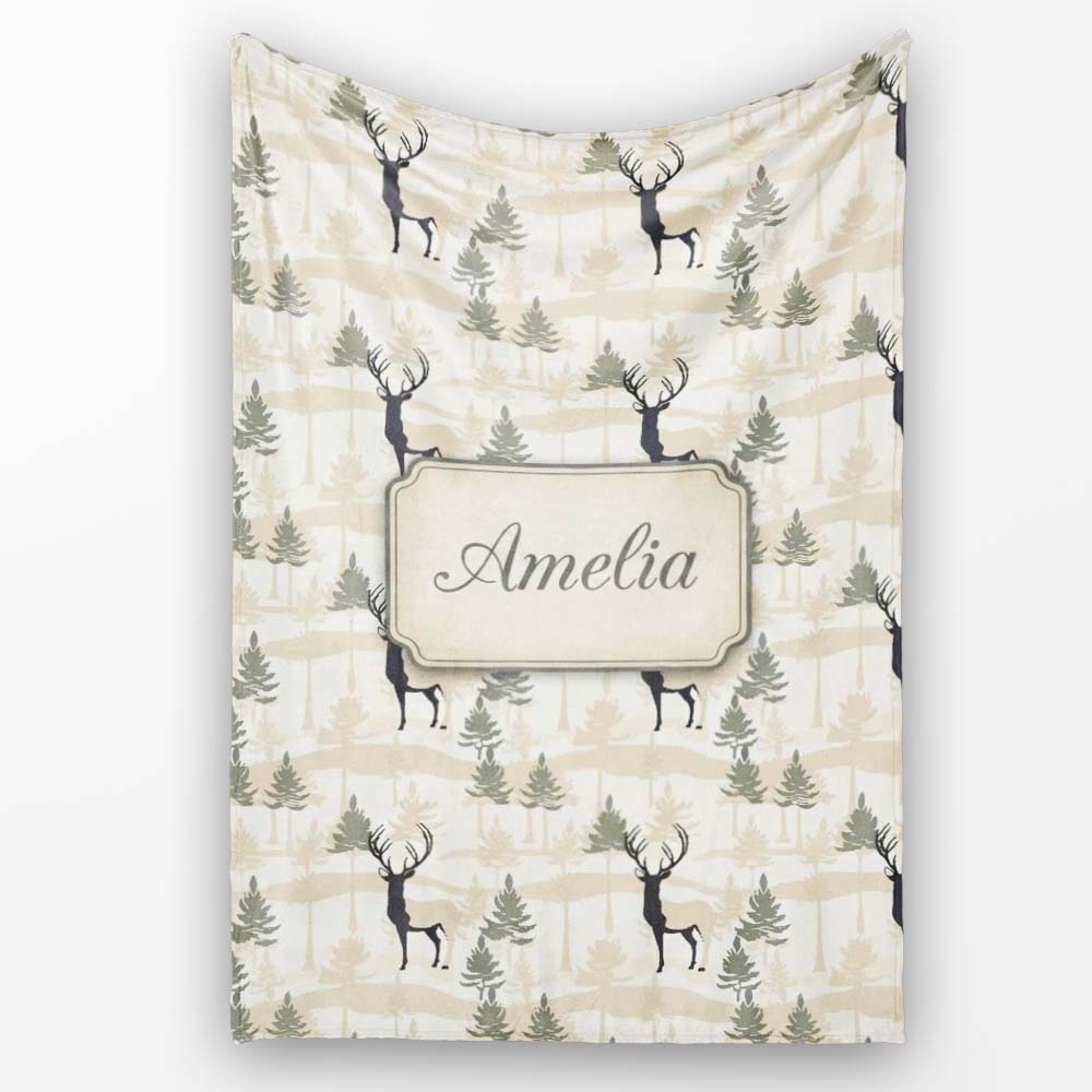Minimal Deer Silhouette with Abstract Woodland Background Seamless Personalised Custom Name Super Soft Fleece Blanket Bed Sofa Throw