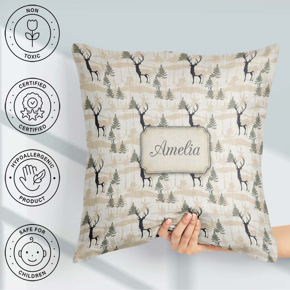 Custom Name Minimal Deer Silhouette Abstract Woodland Background Square Filled Cushion Throw Pillow Sofa Bed Home Decor Zip Washable UK Made