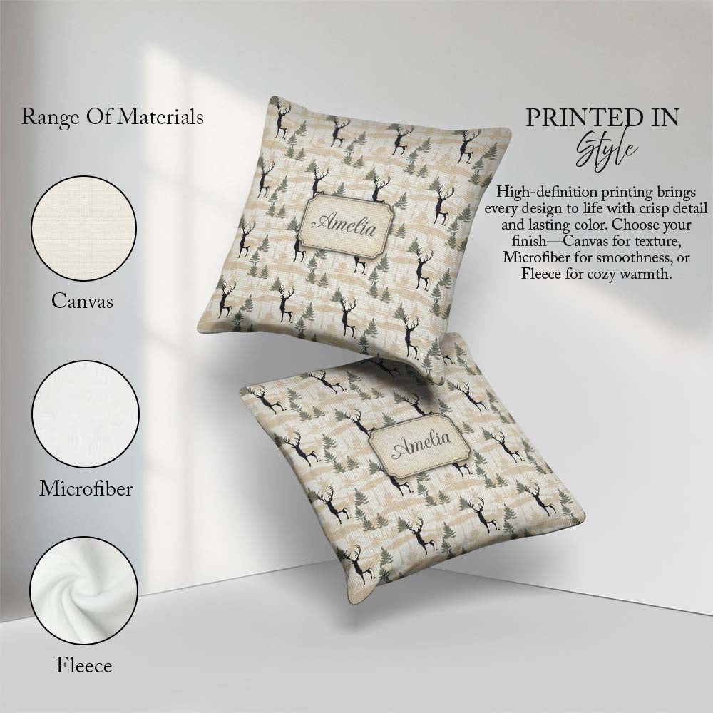 Custom Name Minimal Deer Silhouette Abstract Woodland Background Square Filled Cushion Throw Pillow Sofa Bed Home Decor Zip Washable UK Made