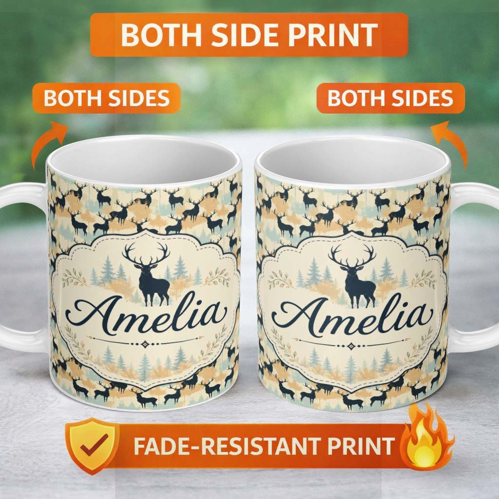 Personalized Custom Name Stylish Deer Silhouettes with Autumn Tones Forest Seamless Pattern 11oz Ceramic Coffee Tea Mug White Large Handle