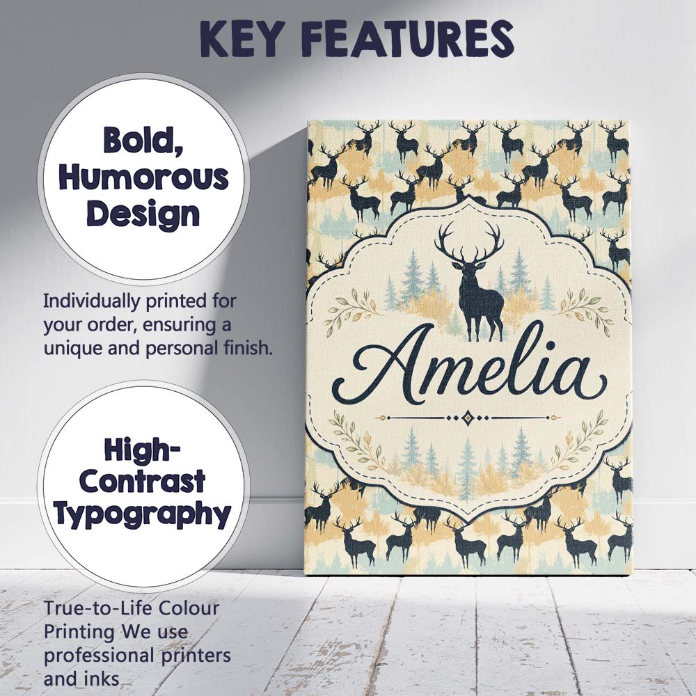Personalised Name Stylish Deer Silhouettes Custom Unique Gift Idea Elegant Feature Canvas Wall Art Print Decor Picture Ready to Hang