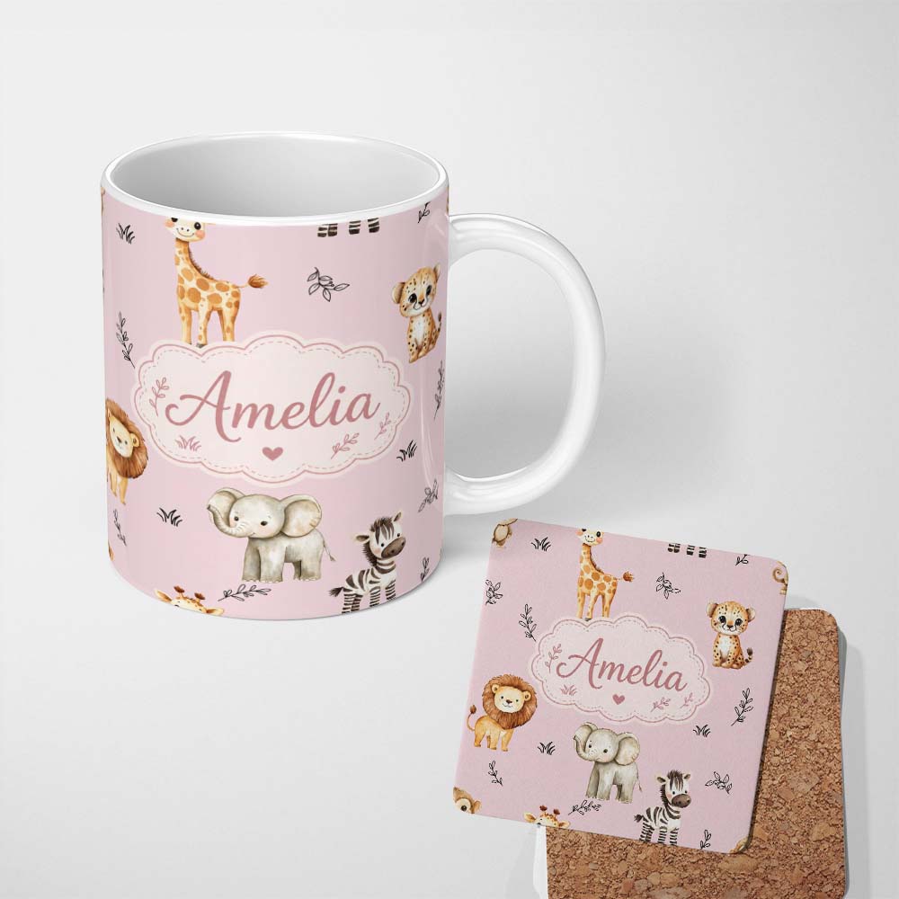 Personalized Custom Name Safari Animals with Elephant Lion and Leopard Cub on Dusty Rose 11oz Ceramic Coffee Tea Mug White Large Handle