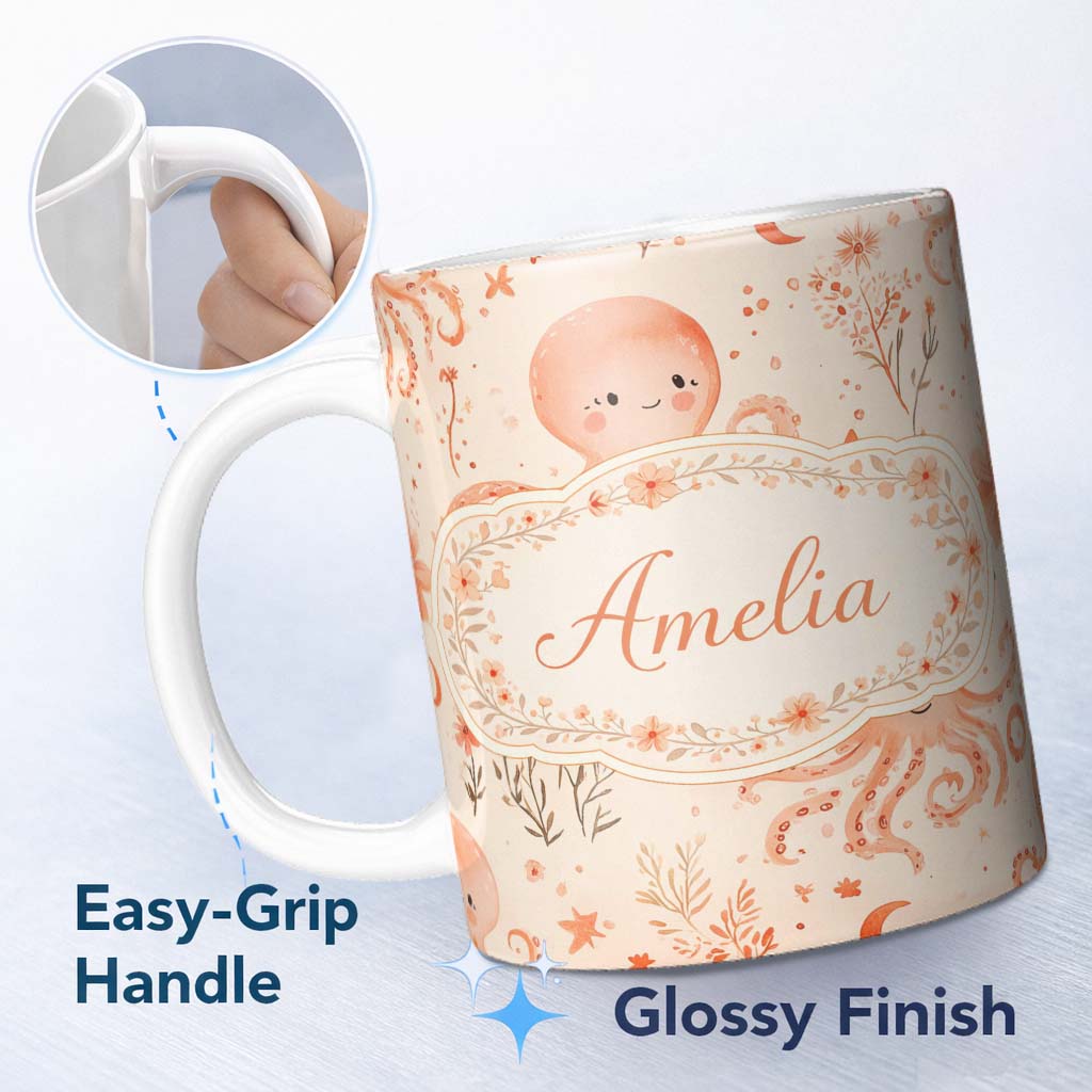Personalized Custom Name Kawaii Octopus Ocean Seamless Pattern Perfect Gift for Her Lovely 11oz Ceramic Coffee Tea Mug White Large Handle