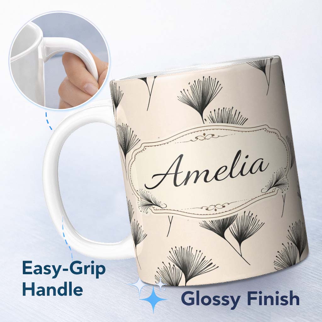 Personalized Custom Name Delicate Botanical Sprigs Black Cream Minimal Floral Pattern Lovely 11oz Ceramic Coffee Tea Mug White Large Handle