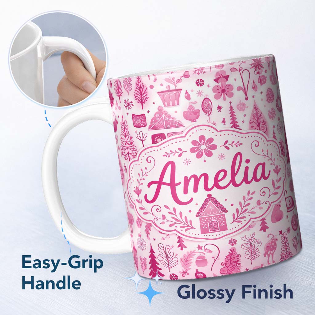 Personalized Custom Name Cute Pink Christmas Folk Art Tree House Floral Seamless Pattern 11oz Ceramic Coffee Tea Mug White Large Handle
