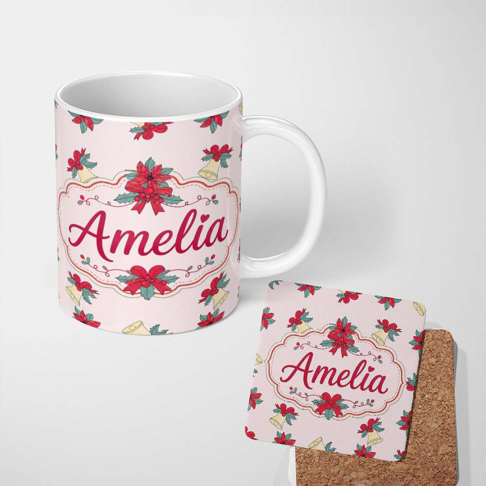 Personalized Custom Name Poinsettia Flower Bell Holly Christmas Seamless Pattern Lovely 11oz Ceramic Coffee Tea Mug White Large Handle