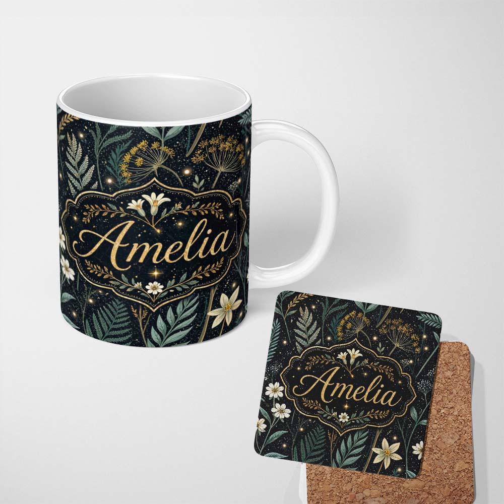 Personalized Custom Name Wildflower Meadow Night Sky Botanical Seamless Pattern Lovely 11oz Ceramic Coffee Tea Mug White Large Handle