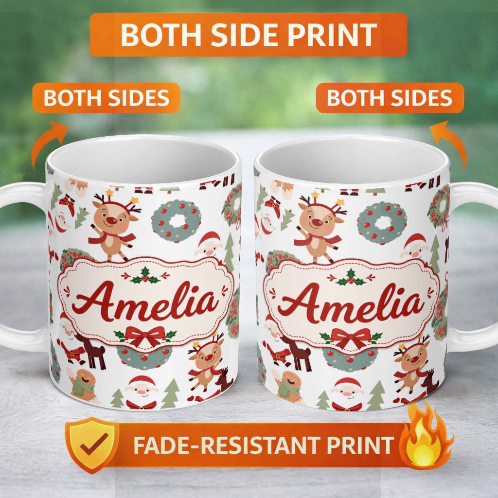 Personalized Custom Name Cute Reindeer Santa Wreath Gingerbread Christmas Seamless Pattern 11oz Ceramic Coffee Tea Mug White Large Handle