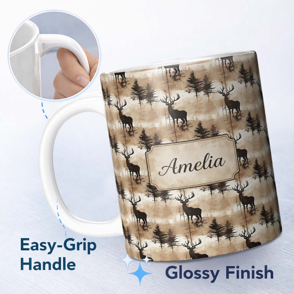 Personalized Custom Name Rustic Deer in Woodland Watercolor Scene Earthy Tones Seamless 11oz Ceramic Coffee Tea Mug White Large Handle