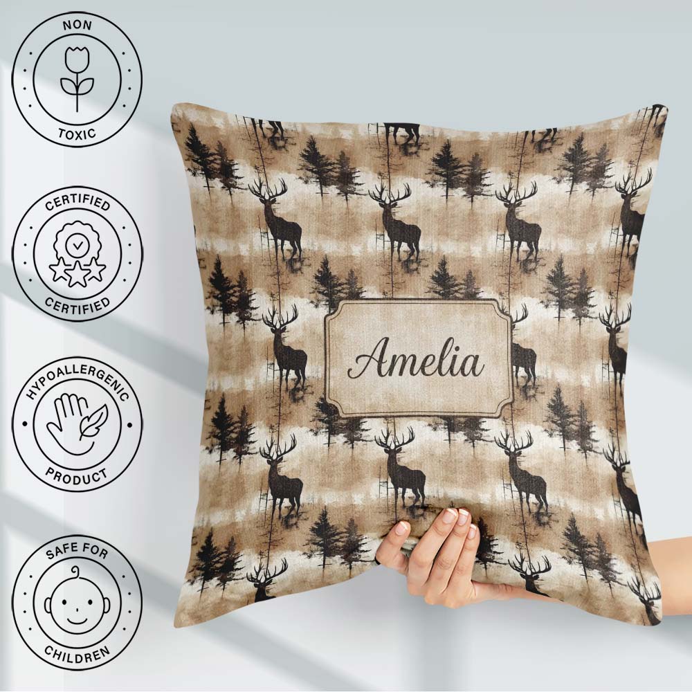 Custom Name Rustic Deer in Woodland Scene Earthy Tones Seamless Square Filled Cushion Throw Pillow Sofa Bed Home Decor Zip Washable UK Made