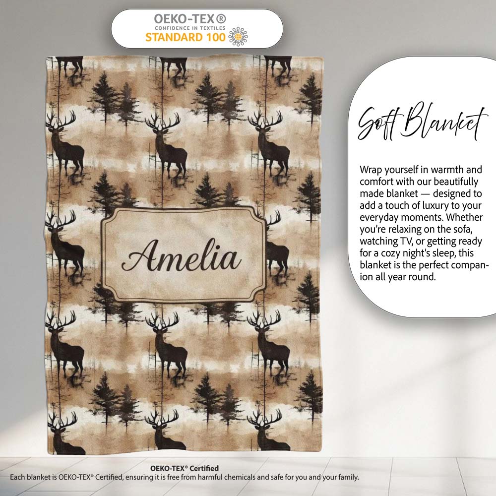 Rustic Deer in Woodland Watercolor Scene Earthy Tones Seamless Personalised Custom Name Super Soft Fleece Blanket Bed Sofa Throw