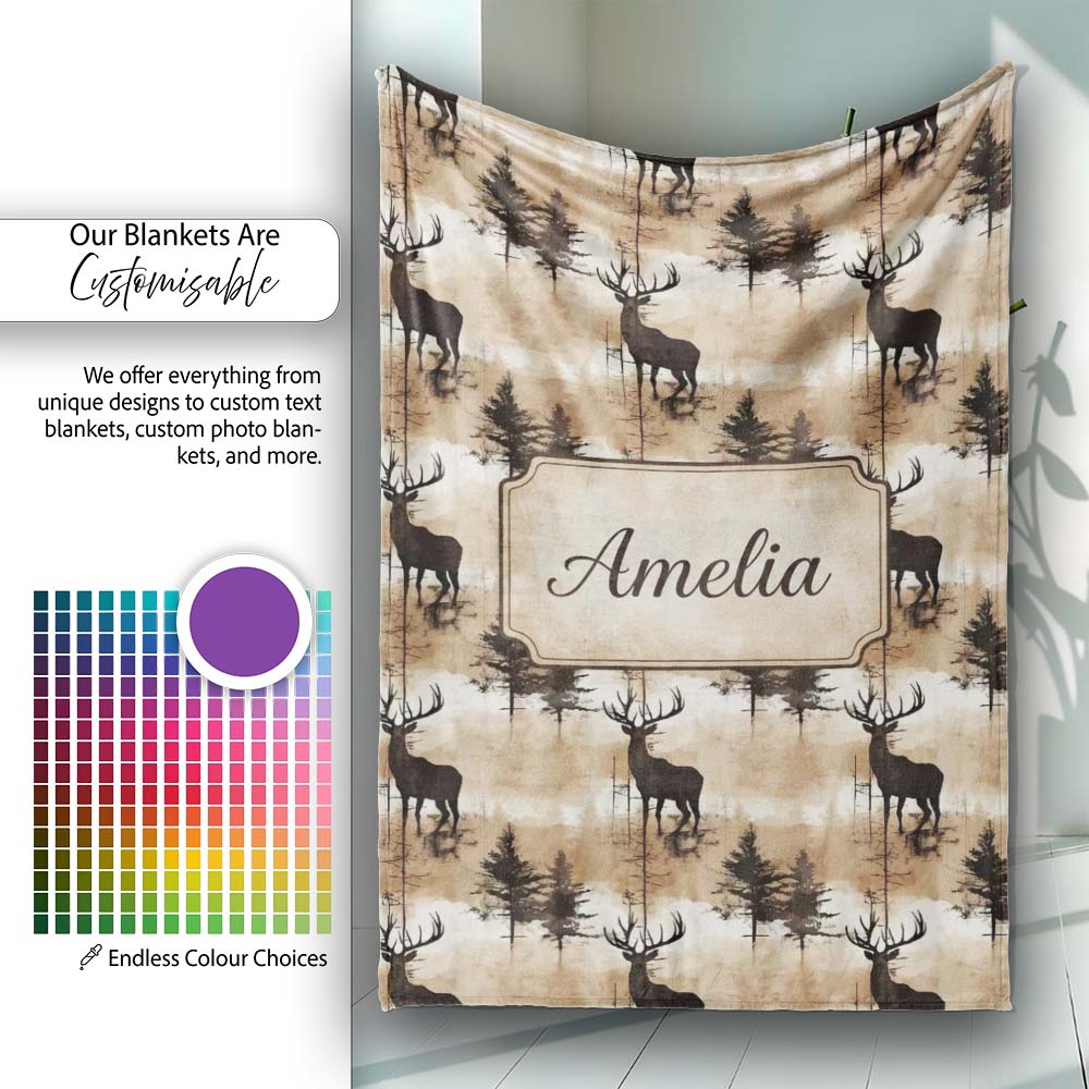 Rustic Deer in Woodland Watercolor Scene Earthy Tones Seamless Personalised Custom Name Super Soft Fleece Blanket Bed Sofa Throw