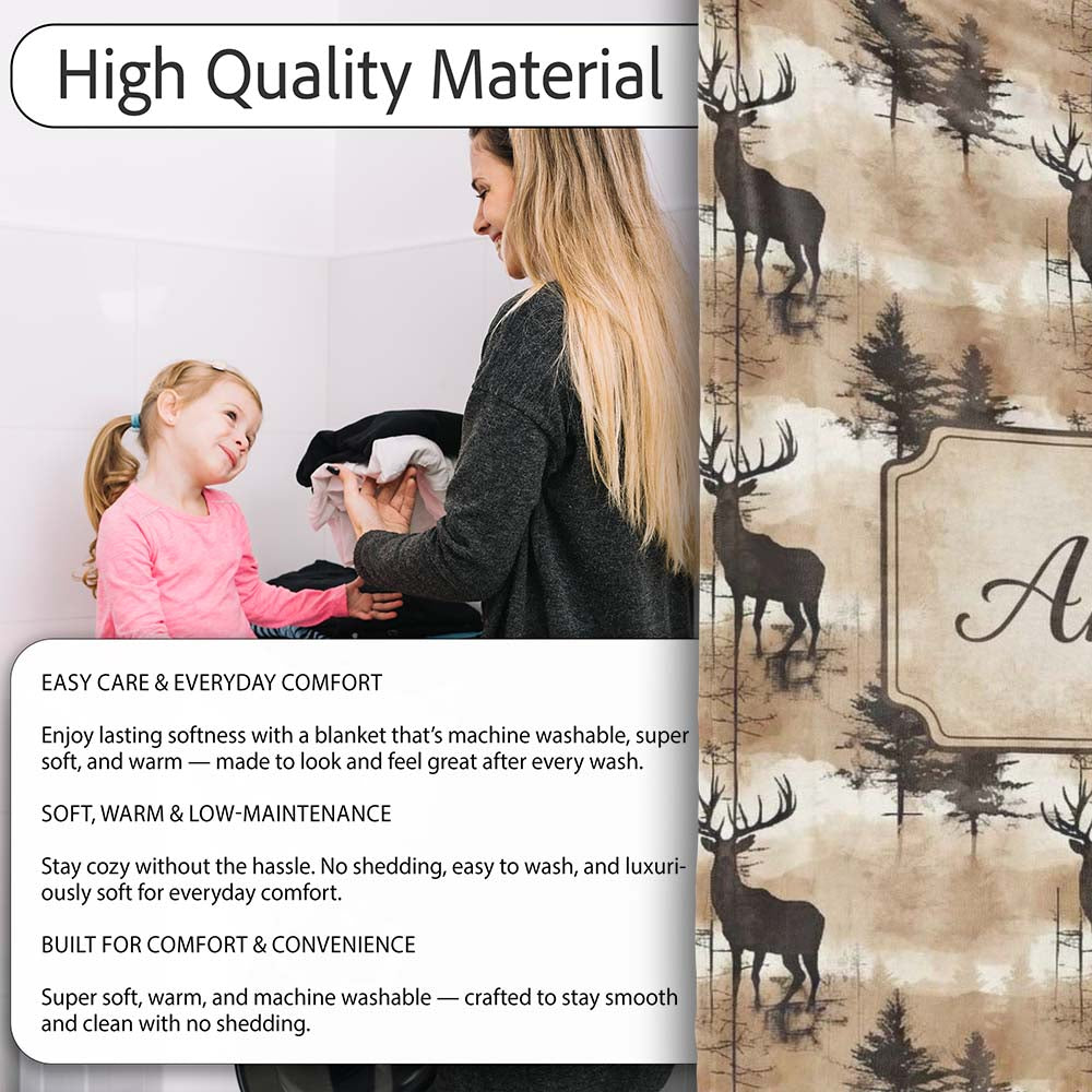 Rustic Deer in Woodland Watercolor Scene Earthy Tones Seamless Personalised Custom Name Super Soft Fleece Blanket Bed Sofa Throw