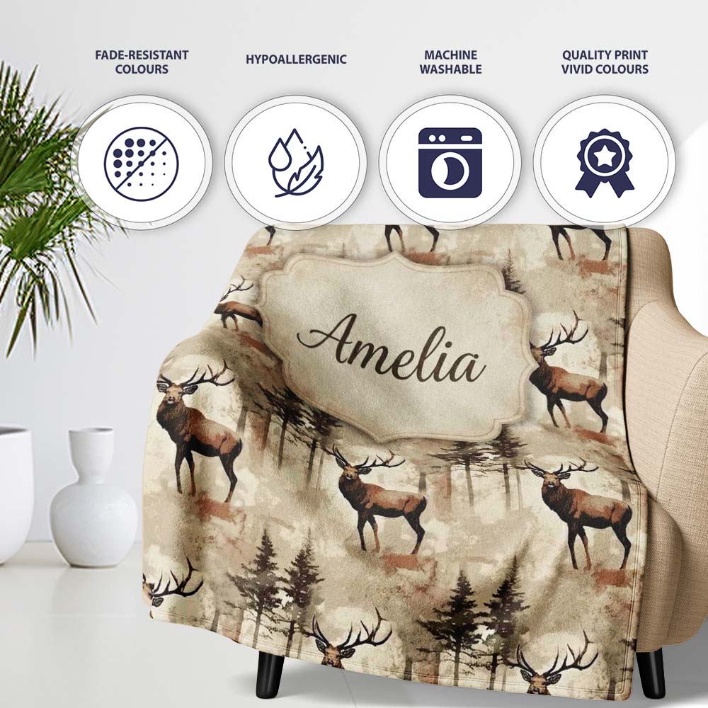 Classic Deer in Forest Landscape Warm Brown Tones Seamless Pattern Personalised Custom Name Super Soft Fleece Blanket Bed Sofa Throw