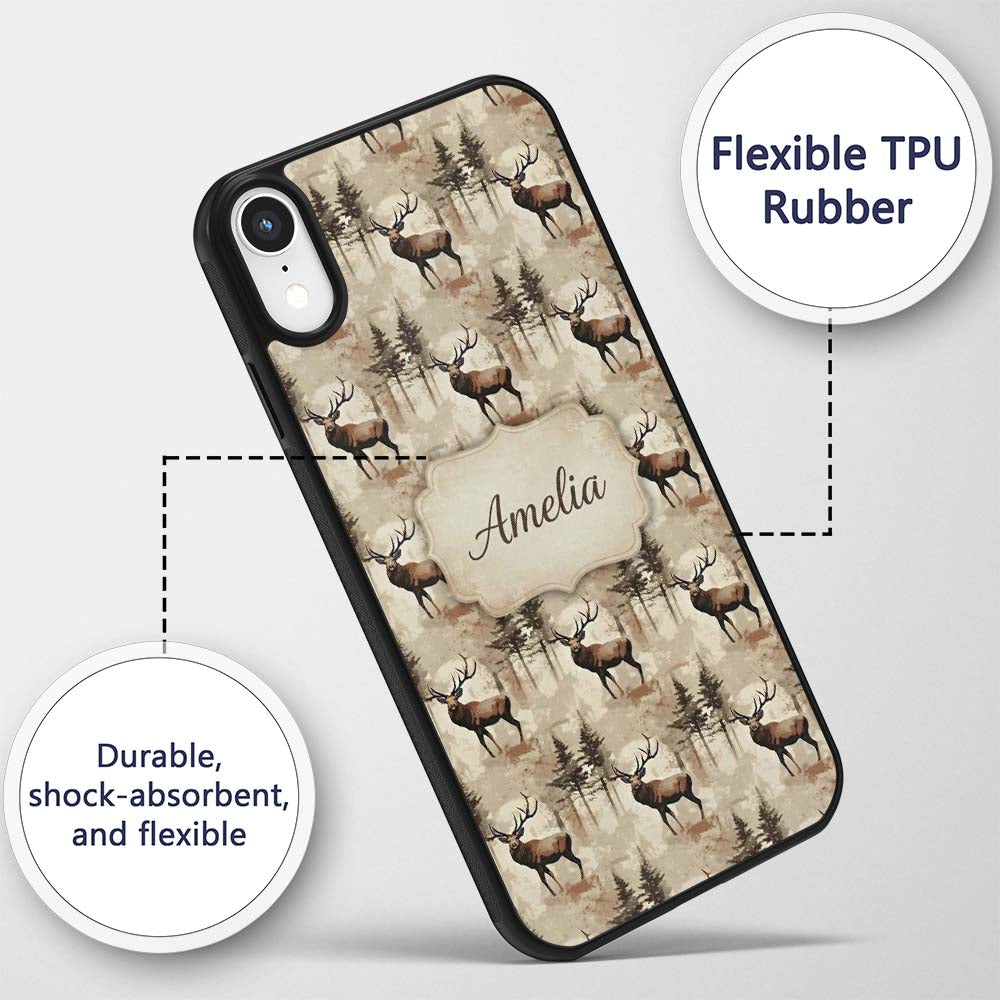 Classic Deer in Forest Landscape Warm Brown Tones Custom Name Protective Phone Case Mobile Cover Durable Everyday Smartphone Shock Resistant
