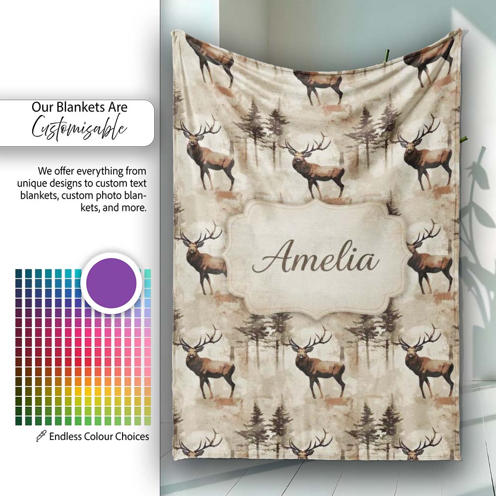 Classic Deer in Forest Landscape Warm Brown Tones Seamless Pattern Personalised Custom Name Super Soft Fleece Blanket Bed Sofa Throw