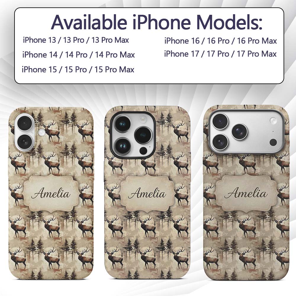 Classic Deer in Forest Landscape Warm Brown Tones Custom Name Protective Phone Case Mobile Cover Durable Everyday Smartphone Shock Resistant