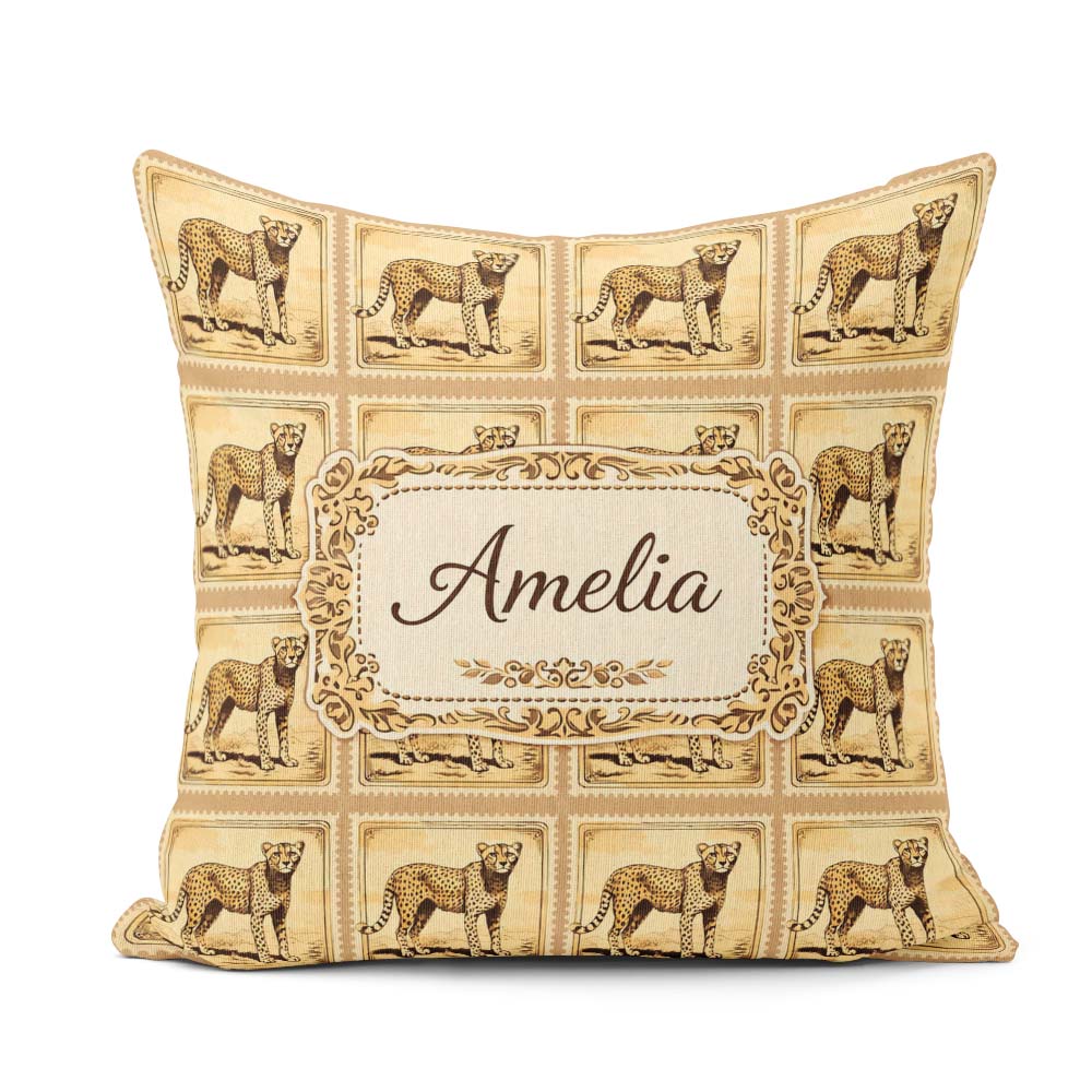 Custom Name Antique Cheetah Stamp Sepia Safari Wildlife Seamless Square Filled Cushion Throw Pillow Sofa Bed Home Decor Zip Washable UK Made