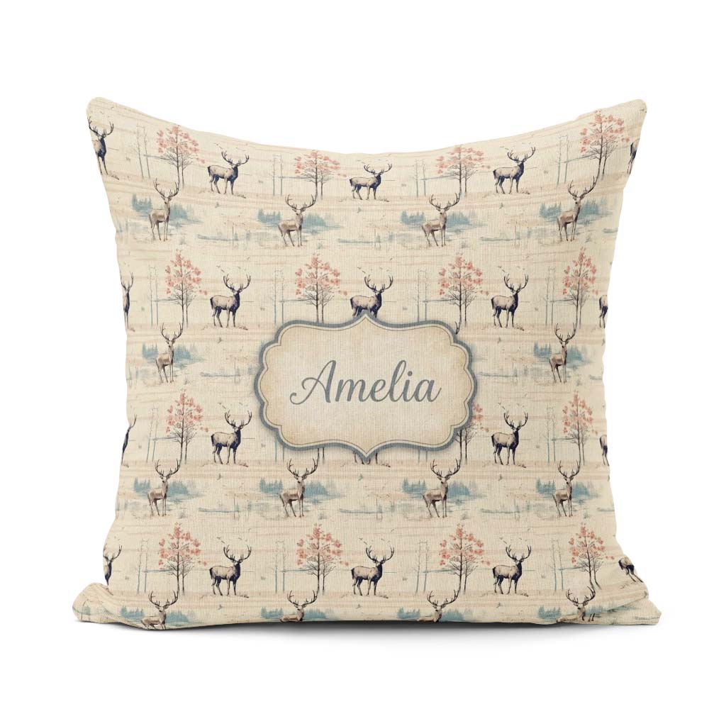 Custom Name Deer with Autumn Trees and Soft Nature Scene Pattern Square Filled Cushion Throw Pillow Sofa Bed Home Decor Zip Washable UK Made
