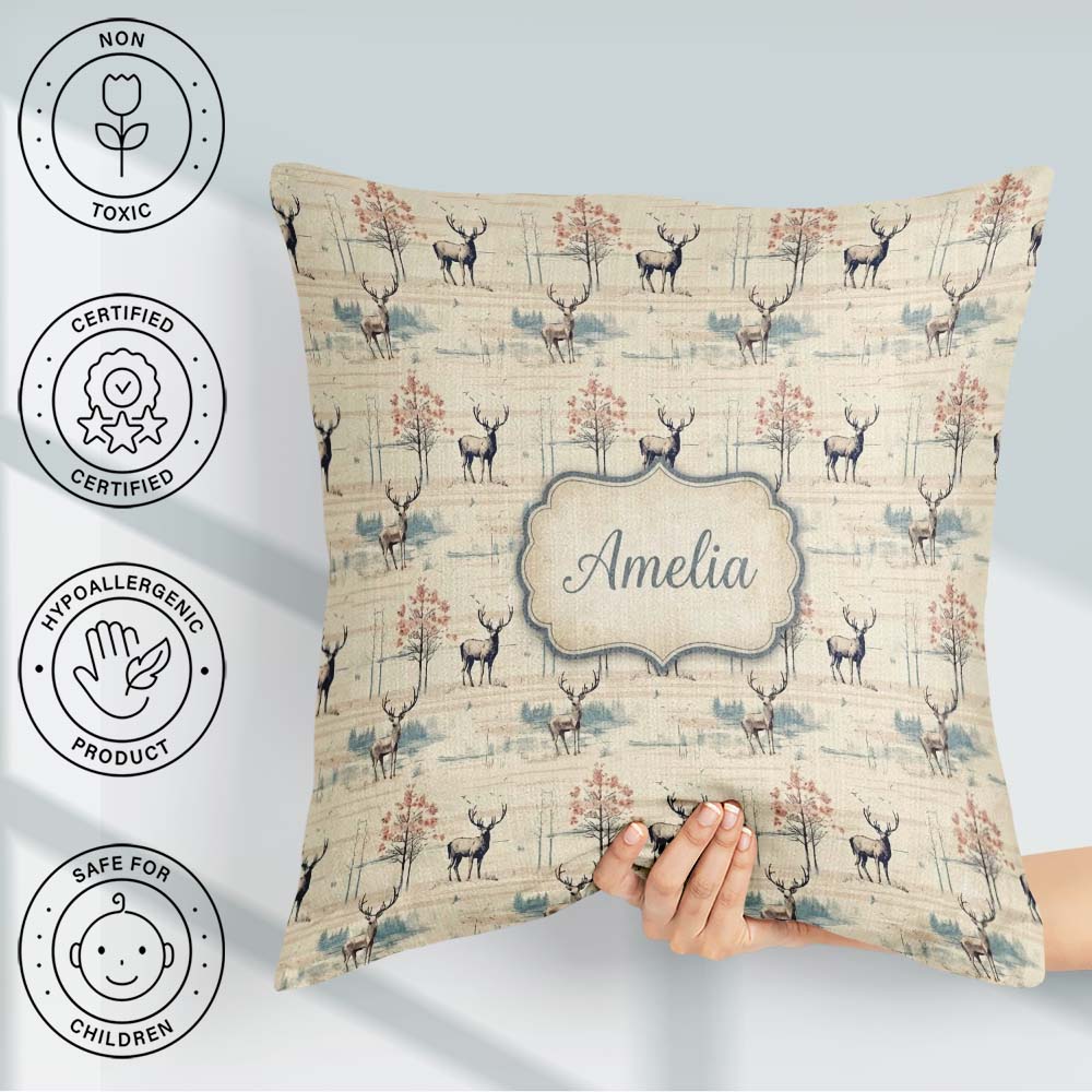 Custom Name Deer with Autumn Trees and Soft Nature Scene Pattern Square Filled Cushion Throw Pillow Sofa Bed Home Decor Zip Washable UK Made